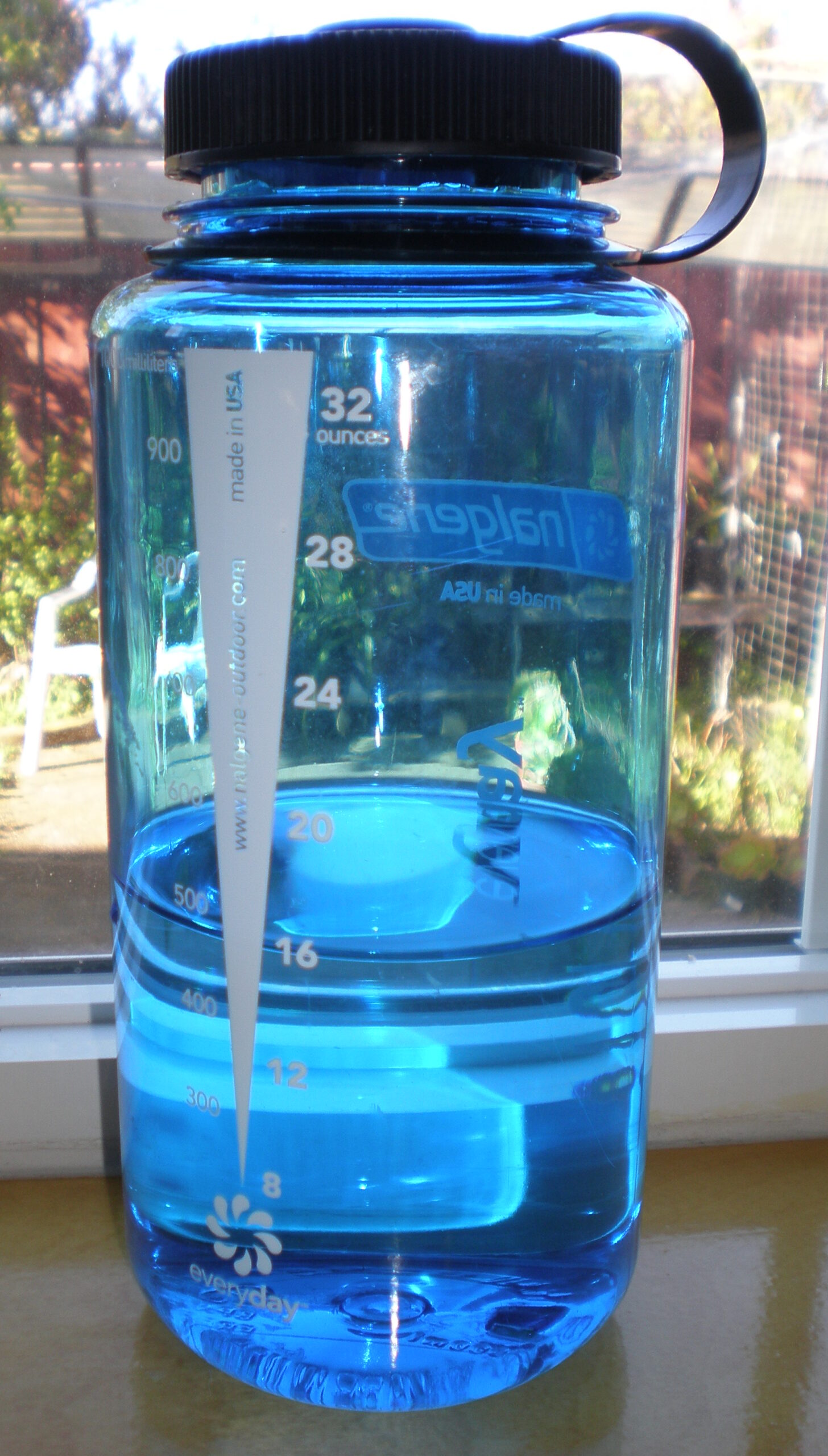 Blue Nalgene wide-mouth water bottle with measurement markings